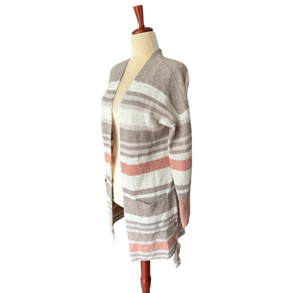 Lucky Brand Striped Open Front Cardigan Sweater Pastel Taupe Pink Wool Linen Med - Picture 4 of 16